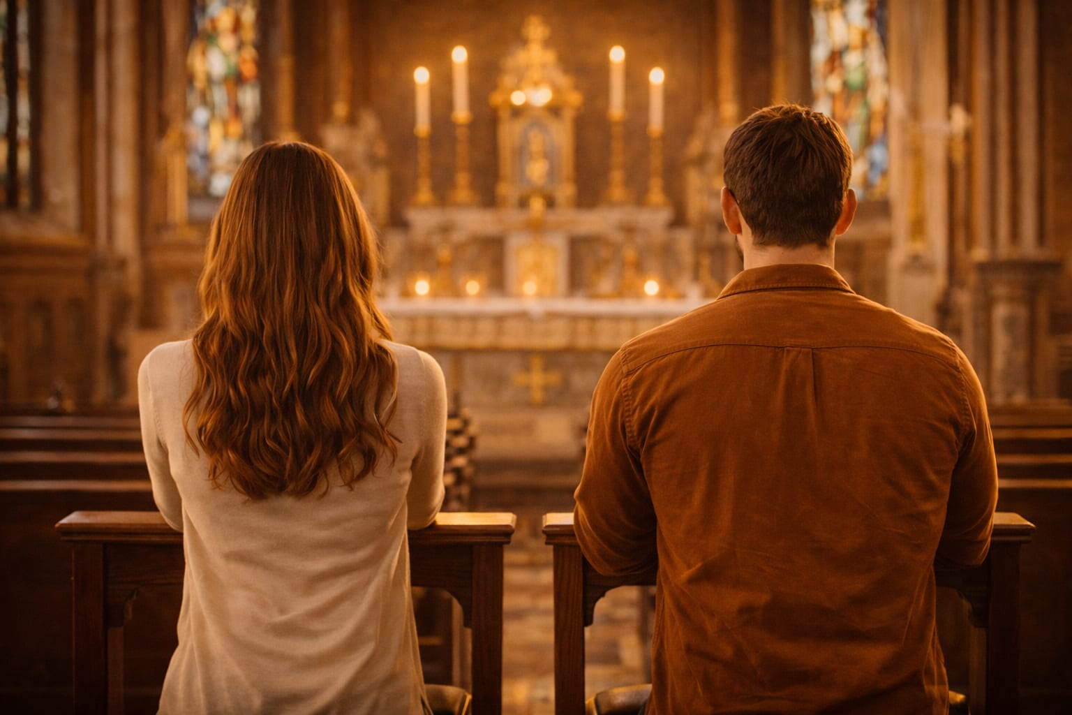A Catholic couple praying together in a candlelit church