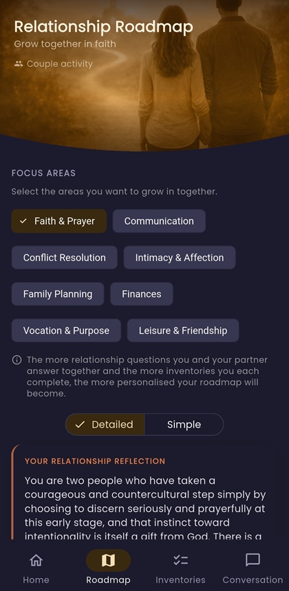 Avila relationship roadmap screen — a personalised, faith-informed plan covering communication, prayer, finances, and marriage preparation