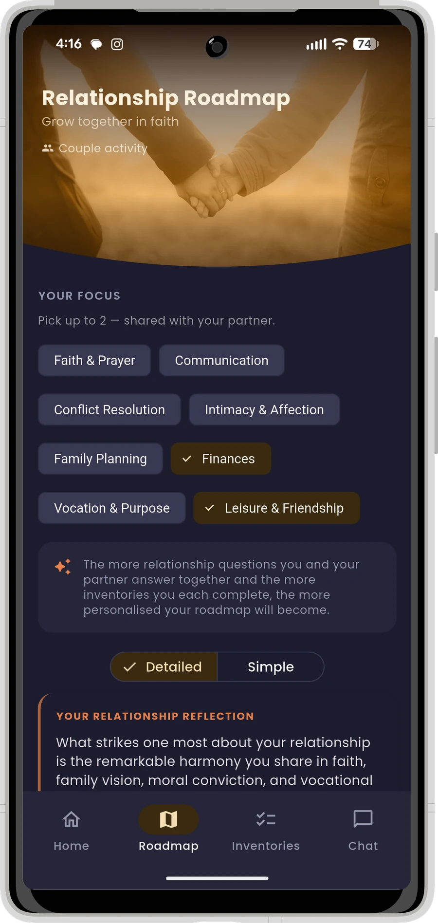 Avila relationship roadmap screen — a personalised, faith-informed plan covering communication, prayer, finances, and marriage preparation